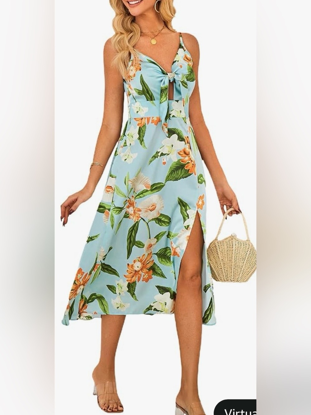 Light Blue Floral Midi Dress with Side Slit